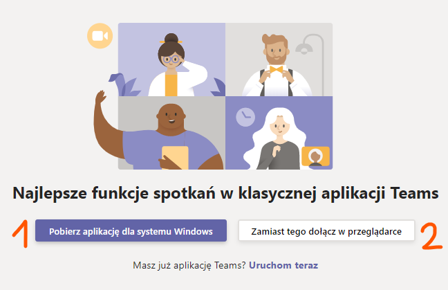 Ekran wyboru aplikacji albo przeglądarki Microsoft Teams.