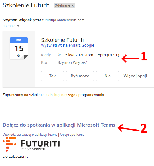 Przykład zaproszenia na spotkanie w Microsoft Teams.